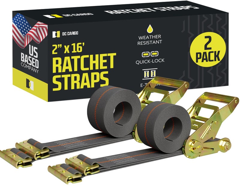 DC Cargo Mall E Track Ratchet Straps Cargo Tie-Downs, (Pack of 2) 2 x 16 Heavy Duty Grey Tie-Down Rachet Straps, Strong Ratchet Strap, E Track Spring Fittings, Tie Down Motorcycle - Image 1